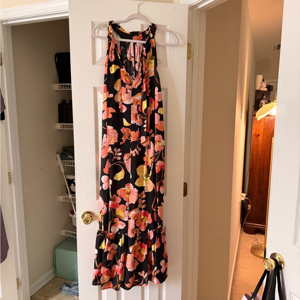 Chic Floral Halter Maxi Dress - Black and Pink